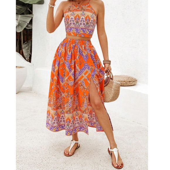 Boho Floral Print Tie Back Cropped Cami Top Skirt Set - Picture 2 of 5